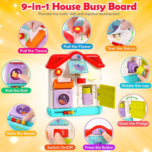 1 12-18 1 Baby Busy Board for Year Old, Musical Montessori House Busy Board with Light & Music, Toddler Activity Toy