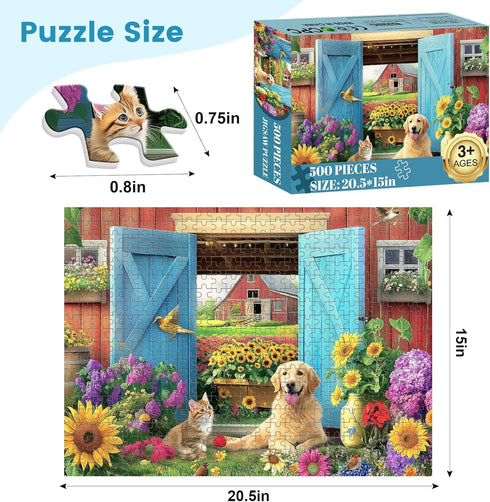 VOLUVOLU 500 500 20.515 Piece Animal Farm Puzzle for Adults, Spring Flowers Jigsaw Puzzle, Piece Dog and Cat Puzzle as