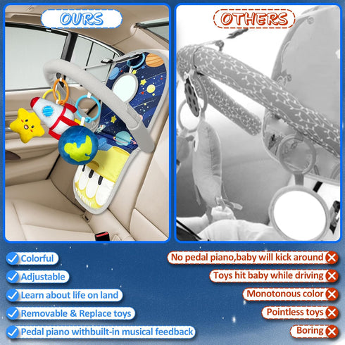 6 6 12 Car Seat Toys for Baby Infant Months and Up, Carseat Toys with Musical Pedal Piano, Baby Mirror and Hanging