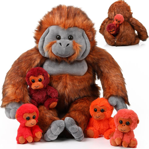 Lenwen 5 Pcs Plush Gorilla Stuffed Animals Set - 14 Inch Large Mommy Gorilla with 4 Baby Gorillas for Kids Gifts