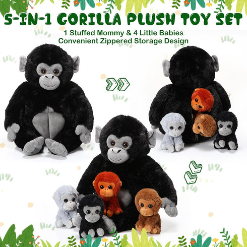 Lenwen 5 Pcs Plush Gorilla Stuffed Animals Set, 14 Inch Large Mommy Gorilla with 4 Baby Gorillas