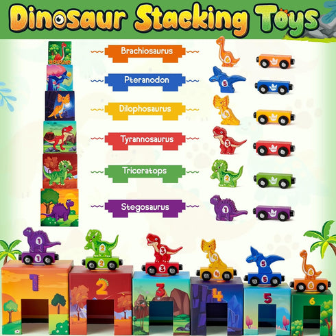 Set, 1 2 3 Atoylink Toddler Dinosaur Sorting and Stacking Toys with Magnetic Wooden Dinosaur Train Baby Number Blocks