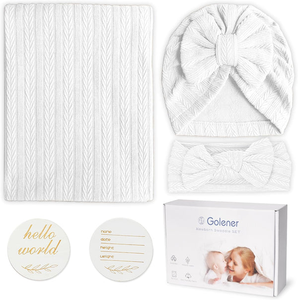 Muslin Blanket - Baby Swaddle Set with Newborn Essentials, Soft Stretchy Blankets for Girls and Boys (White)