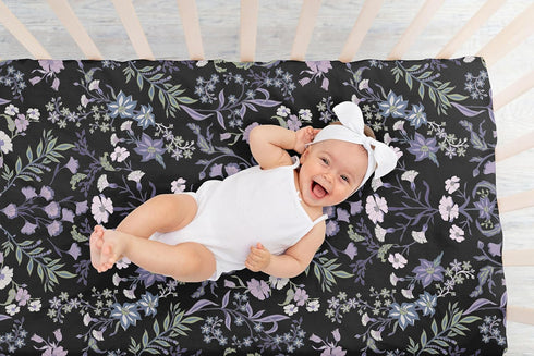 Sweet Jojo Designs Fitted Baby Crib Sheets (Black & Purple Wildflower Vintage Floral) for Girls, Infant Nursery