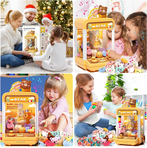 Bear Kids Claw Machine, Mini Candy Vending Grabber with Lights and Sound, Includes 10 Plush and 10 Mini Toys