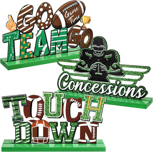 Jetec 3 Pcs Wooden Football Table Decoration Centerpieces, Soccer Rugby Sign Ornaments for Sport Birthday Party Table