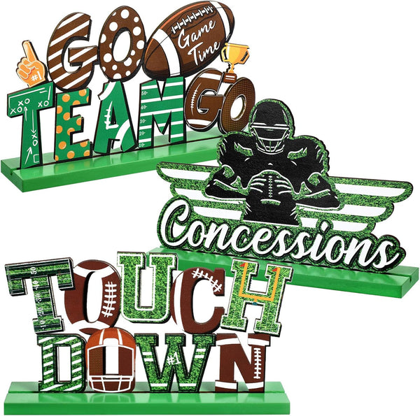 Jetec 3 Pcs Wooden Football Table Decoration Centerpieces, Soccer Rugby Sign Ornaments for Sport Birthday Party Table