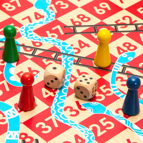 2-in-1 Set 11.3 inches Yellow Mountain Imports Reversible Wooden Snakes and Ladders, Ludo Game