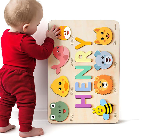 1st 0-3: Cute Name Puzzle: Personalized with Name and Animals | Birthday Gift, Wooden Toy Playful Learning Experience