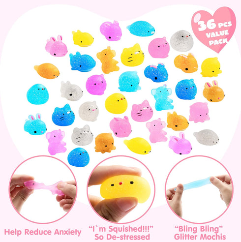 36 Packs JOYIN Valentines Day Gift Cards with Glitter Mochi Squishy Toys, Stress Relief Fidget Toys, Critter Mochi
