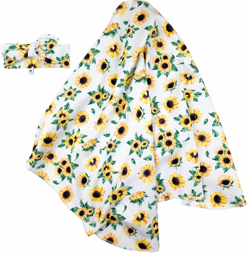 Set, (0-6 Sunflower Swaddle and Headband Handmade Stretchy Soft Cotton m Headband, Sunflower)
