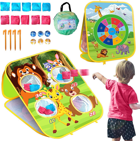 Animal Bean Bag Toss Game, Kids Outdoor Toys with Double-Sided Foldable Cornhole Board for Family Fun