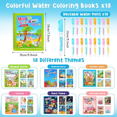 Qeeenar 18 Pack Water Coloring Books for Kids Reusable Mess Free Water Doodle Books with Toddler Pen Educational