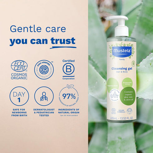 13.52 oz. Mustela Certified Organic Cleansing Gel - Natural Hair & Body Wash with Olive Oil & Aloe Vera - For Baby, Kid