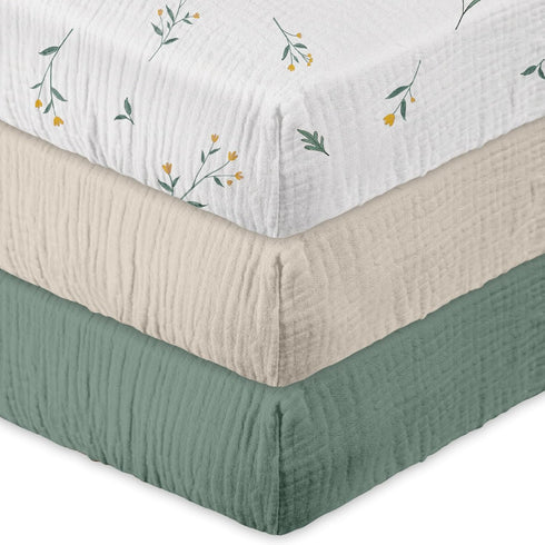3 Pack, Pack Cozy Pack 38"x26" Gllquen Baby Muslin Mini Crib Sheets Breathable and Play Sheets Fitted Soft Cotton N