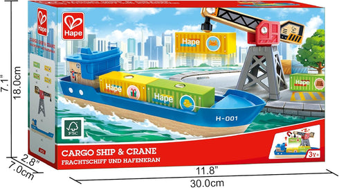 Playset, 3Y+ Hape Cargo Ship & Crane | Toy Boat and Crane for Children Ages