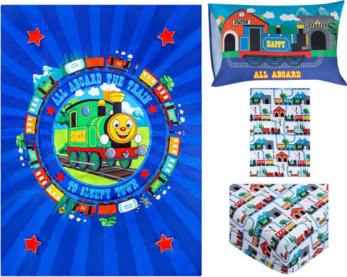4-Piece Set Todays Kids Choo Choo Train Toddler Bed Sheets for Boys - Toddler Boy Bedding Crib Size, Reversible