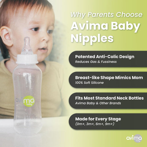 6 9+ 3 (Pack 6) Avima Baby Anti Colic Nipples for Standard Neck Bottles, Silicone Breast Like Nipples - to Months, Fast