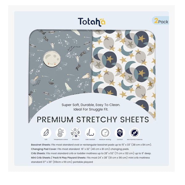 TotAha Mini Crib Sheets Fitted, Star & Moon Pack N Play Sheets, Super Stretchy Jersey Knit for Playard