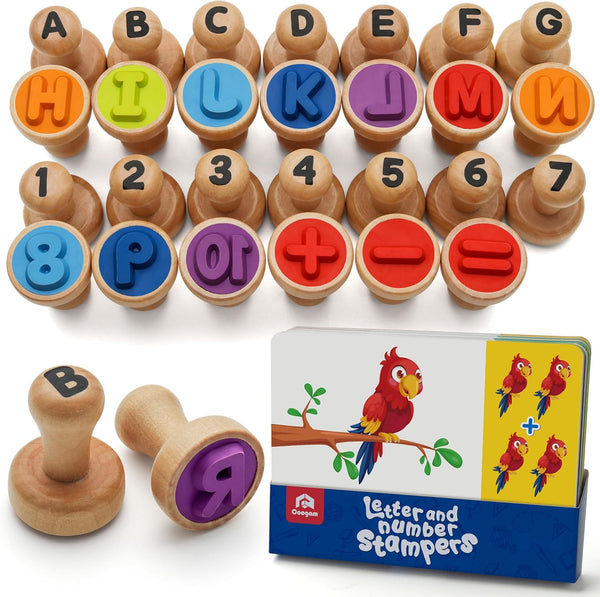 Coogam Wooden Alphabet Number Stamp Flashcard, ABC Spelling Letter Stampers and Mathematics