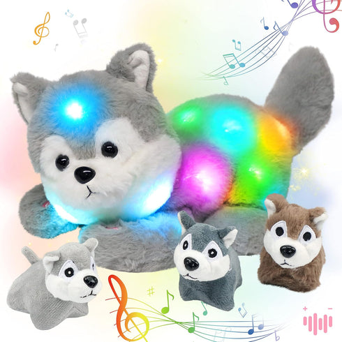 Hopearl LED Musical Stuffed Husky - Singing Plush Toy Playset with 3 Baby Puppies, 17''