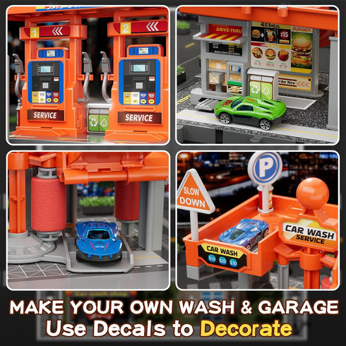 Playsets, 3-in-1 Playset, Playset, 1:64 1-3, Toy Cars Activity Drivers Gasstation, Car Wash, Car Restaurant Scale Toy