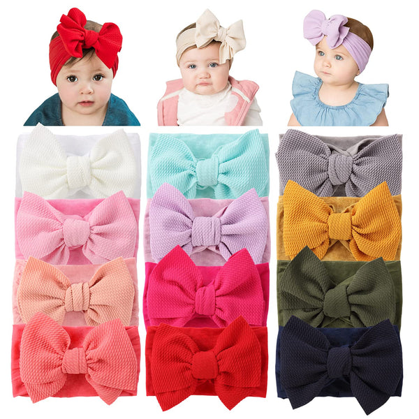 Cinaci 12 Pack Oversized Colorful Solid Stretchy Nylon Headbands with Big Bow for Newborn Baby Girls, Infants,