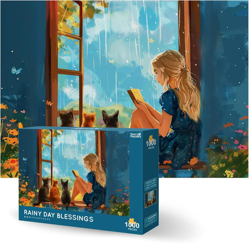 Theo's Puzzles Rainy Day Blessings Cat Puzzle - 1000 Piece High Resolution Jigsaw Puzzle for Adults