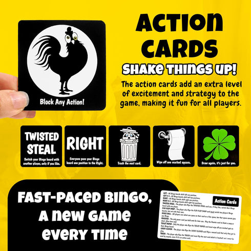 Bingo with a Twist Party Game, Bingo with Action Cards, Fun Twist, Action Cards with a Block, Swap, and Steal, no More