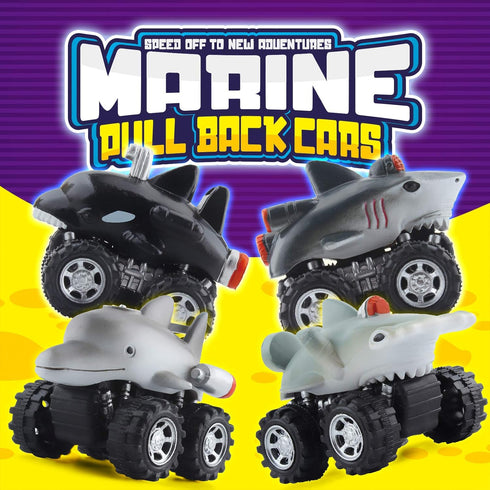 DINOBROS Shark Toys Pull Back Cars, 4 Pack Ocean Animal Truck Toy, Gift for 3 Years Old and Up