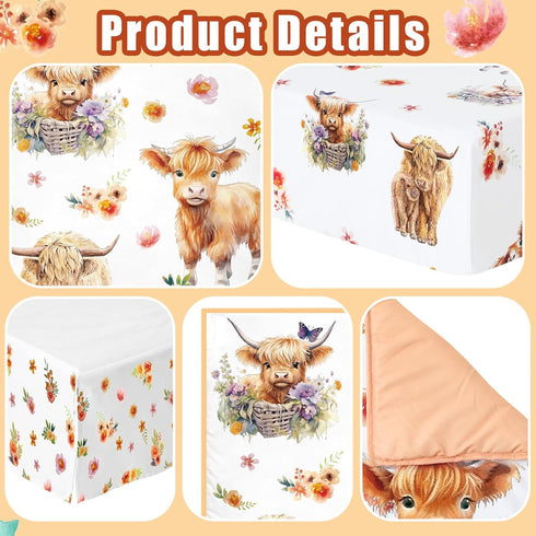Set Set Sets Mixweer Highland Cow Crib Bedding for Boys Girls Colorful Flower Baby Crib Bedding Mini Cattle Comforter