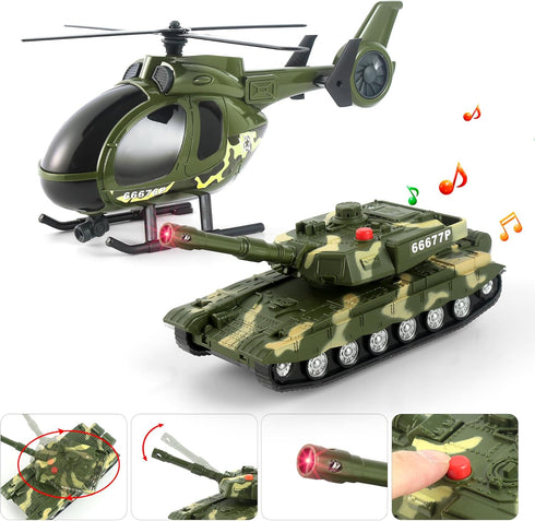 Toys,25.6" 2 3 4 5 Dwi Dowellin Green Military Big Truck Semi Truck Toy with Helicopters and Tank,Army Toys with Lights
