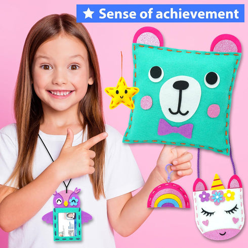 KRAFUN My First Sewing Kit for Kids - 7 Easy DIY Projects of Stuffed Animal Dolls and Plush Pillow Craft
