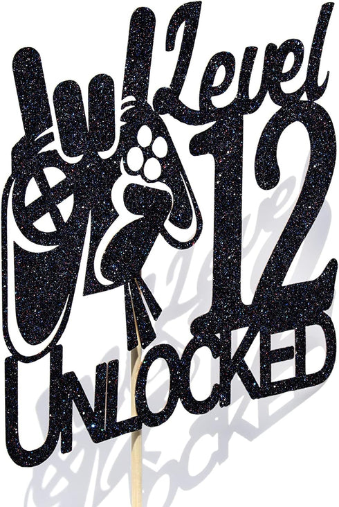 Cos mos Video Game Level 12 Unlocked Birthday Cake Topper, Black Glitter Decorations for 12th Birthday Party