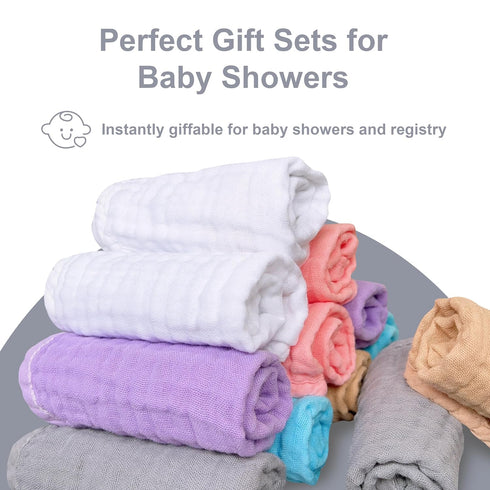 12 Pack -10"x10", SWEET DOLPHIN Baby Muslin Washcloths - Soft Face Cloths for Newborn, Absorbent Bath Wash Cloths