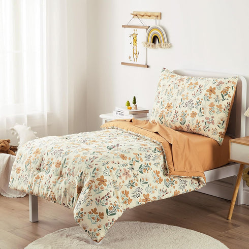 Set 4 Set Wake In Cloud - Floral Toddler Bedding for Girls, Cute Colorful Botanical Flowers, Pieces Soft Crib Bed