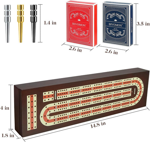 Set 3 9 2 BIVOMON Cribbage Board Game Continuous Track Wooden Board with Magnetic Lock, Metal Pegs, Playing Cards