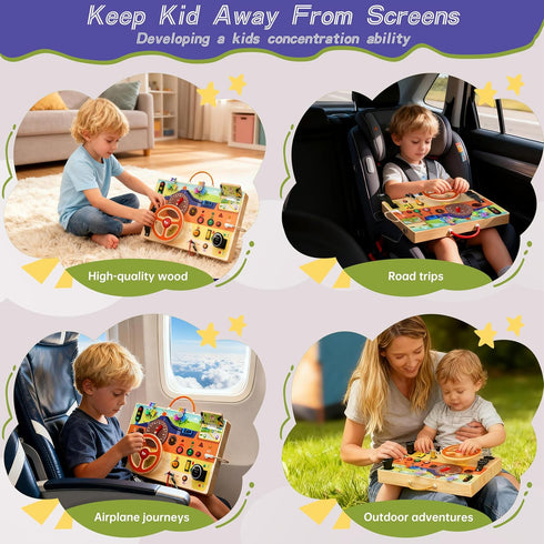 1-3 1+ Busy Board Montessori Toys for Toddlers with Steering Wheel, Lights & Switches, Wooden Driving Activity Board |
