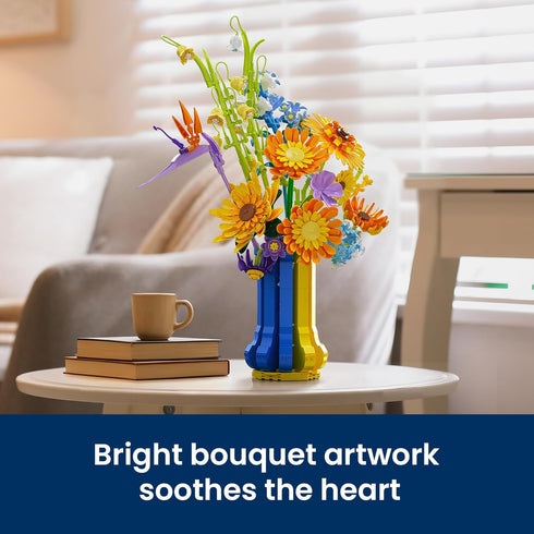 Set (1147 Mothers Day Sunflower Bouquet Building with Vase, Gift for Mom Wife Women Girlfriends Adults Couple Teens