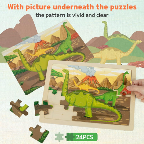 SYNARRY Large Dinosaur Wooden Puzzles for Kids, 4 in 1 Gift Box, Jigsaw Puzzles for Toddlers Ages 2-6