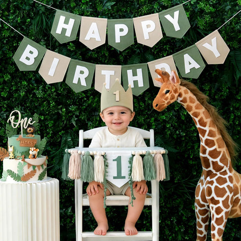 1st DCJHFJ Wild One High Chair Banner Felt Green Happy Birthday Banner Pre-Strung Birthday Party Decorations