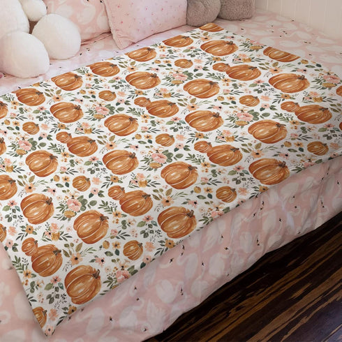 Fall Thanksgiving Pumpkins Floral Baby Blanket, Boho Autumn Holiday Flower Flannel, 30 x 40