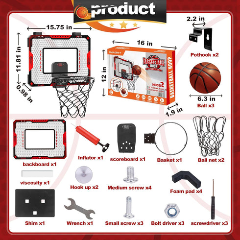 Basketball Hoop Indoor for Kids 5-10+ Years, Mini Basketball Hoop with Electronic Scoreboard Over The Door