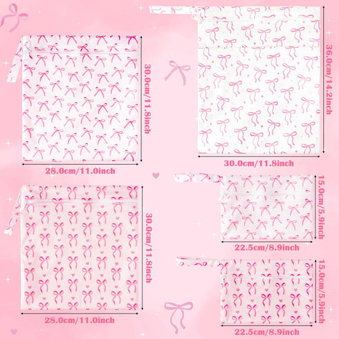 5Pcs R HORSE Waterproof Baby Diaper Bag, Cute Pink Bow Wet Dry Bag with Handle Zipper Toiletry Organizing Pouches