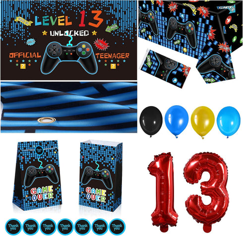13th Birthday Decorations for Boys - 69 Pieces Video Game Party Supplies, Blue Gamer Balloons, Backdrop