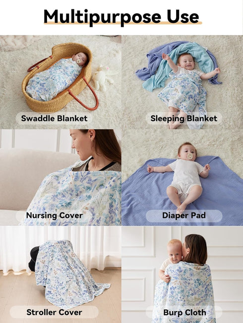 3 Pack 47"X47", TILLYOU Muslin Swaddles for Newborns Baby Blankets for Girls Boys Cotton Swaddle Blankets Blue Flower