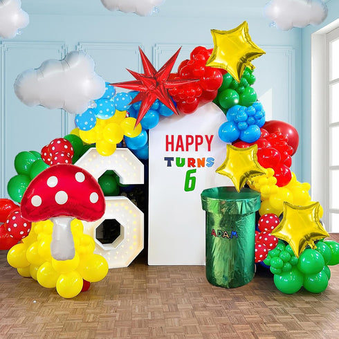 Red Blue Green Yellow Balloon Garland Kit 130Pcs with Cloud Mushroom Star Balloons for Party Decorations
