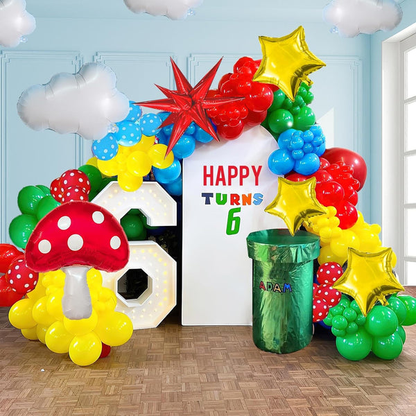 Red Blue Green Yellow Balloon Garland Kit 130Pcs with Cloud Mushroom Star Balloons for Party Decorations