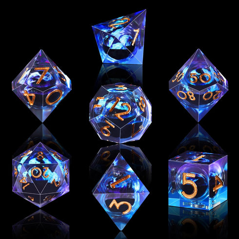 AUSTOR 7 Pieces Blue Flame Dragon Resin Dice Set - DND Dice for Role Playing Dungeons and Dragons with Case