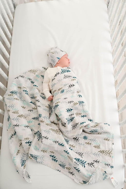 Miaoberry Forest Organic Muslin Swaddle Blankets for Baby Boy with Matching Hat and Wooden Hello World Newborn Sign |